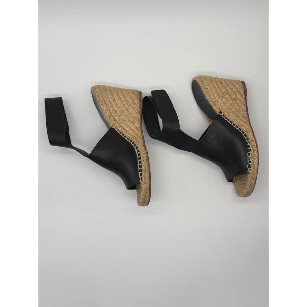 Celine Espadrille Wedge Sandals Womens 8 Black Leather Jute Platform Heel